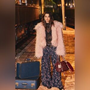 We The Free Pink Faux-Fur Jacket with Floral Wide-Leg Jeans